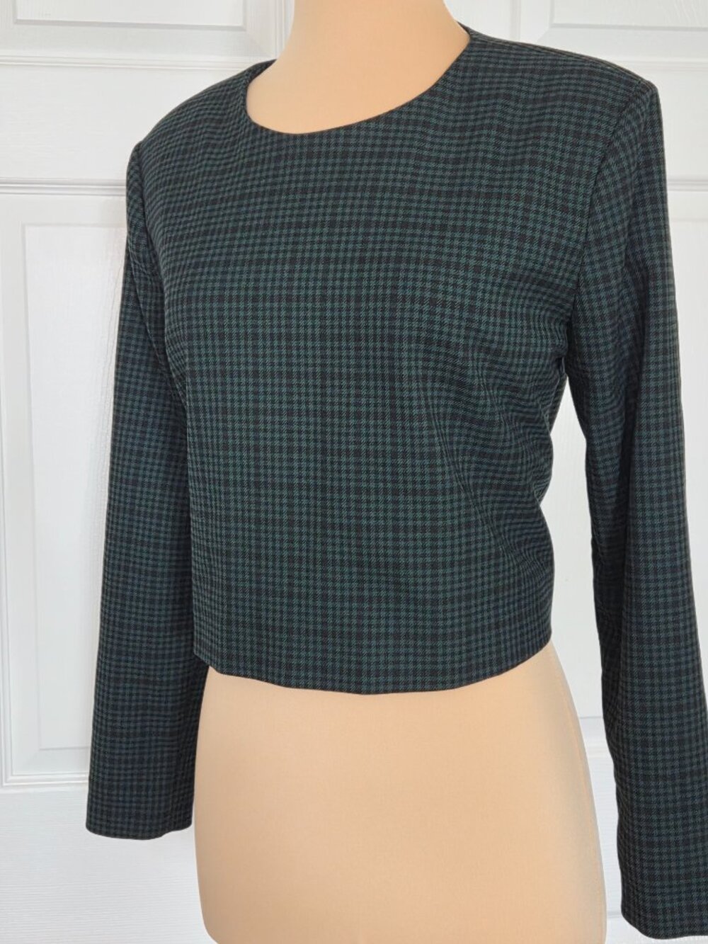 Ann Taylor Dark Green Plaid Long-Sleeve Cropped Jacket Blouse - Picture 2 of 16